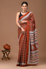 Jaipuria Block Printed Pure Cotton Mulmul Saree For Women With Unstitched Blouse Peice