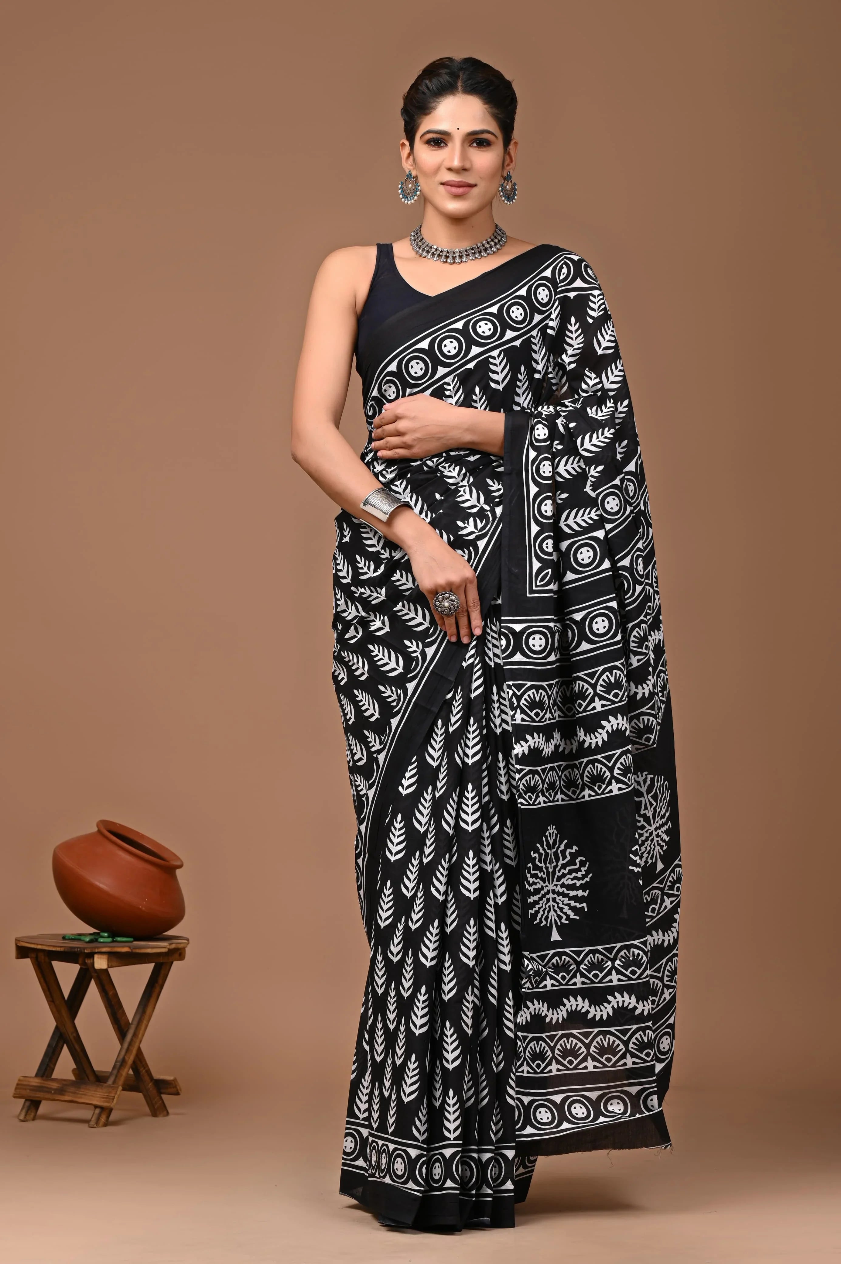 Bagru Hand Block Print Mulmul Cotton Sarees for Women