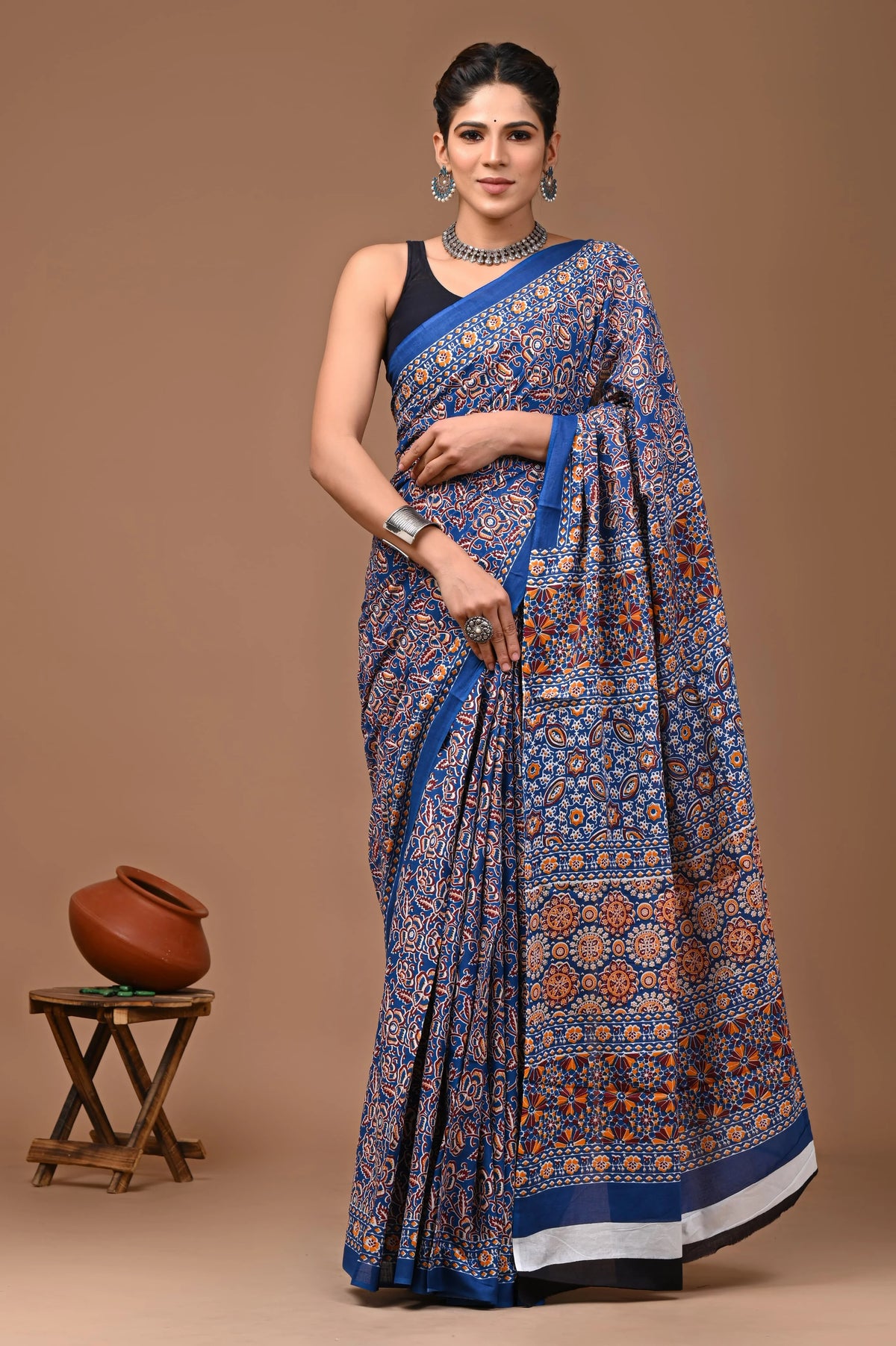 Women's Pure Cotton Mulmul Saree With Printed Blouse Piece Ajrakh Print Flower Design