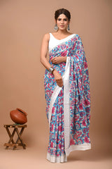 Jaipuria Block Printed Pure Cotton Mulmul Saree For Women