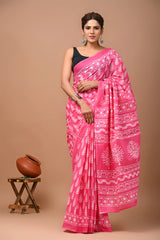 Womwn Bagru Block Print Cotton mulmul sarees with blouse