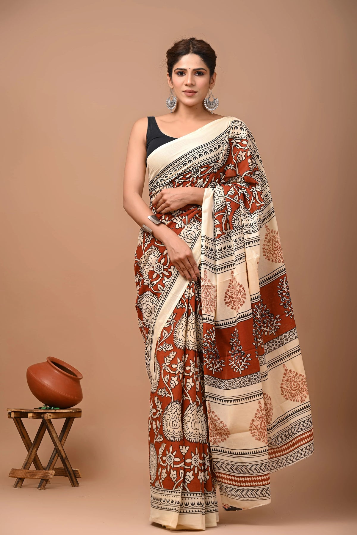 Sanganeri Block Print Women's Cotton Mulmul Sarees