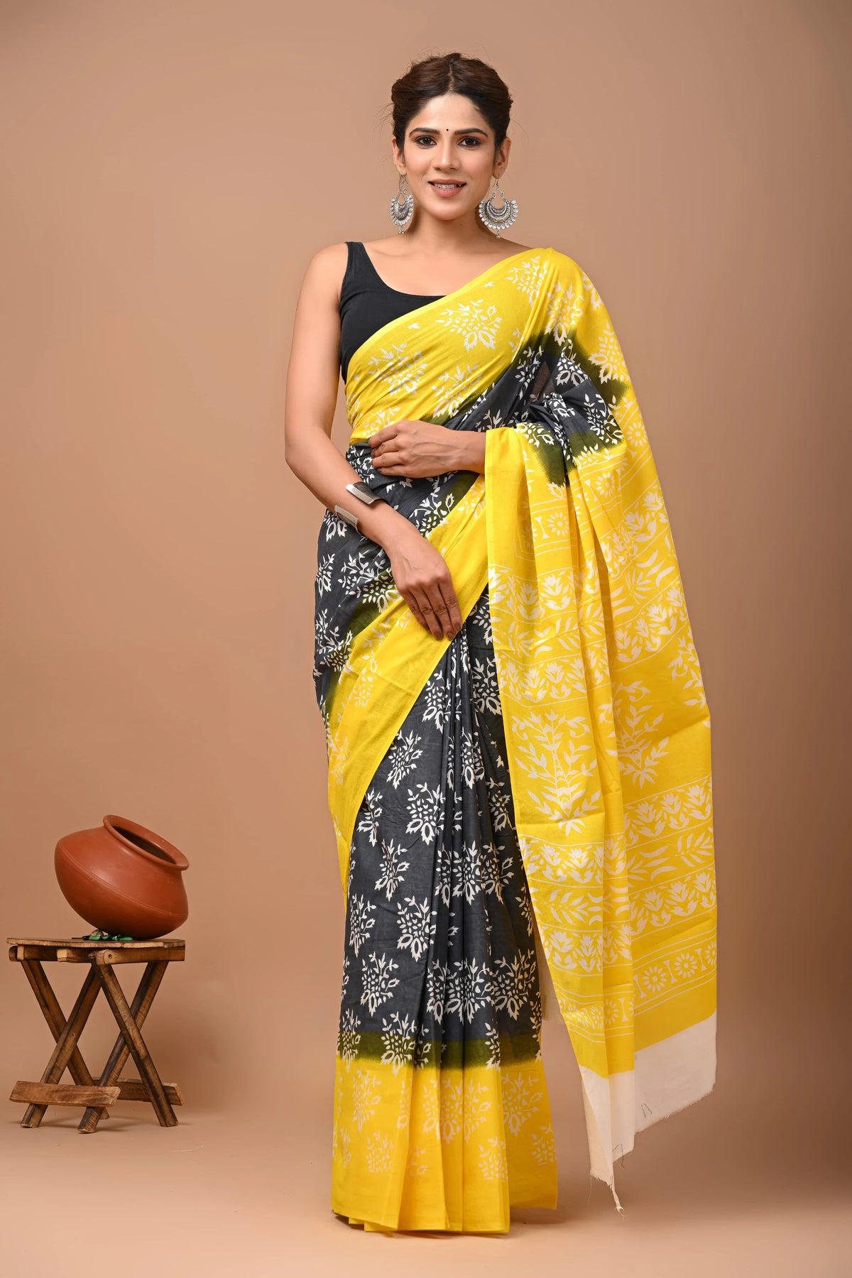 Handicrafts Women's Ikat Hand Block Print Jaipuri Pure Cotton Saree