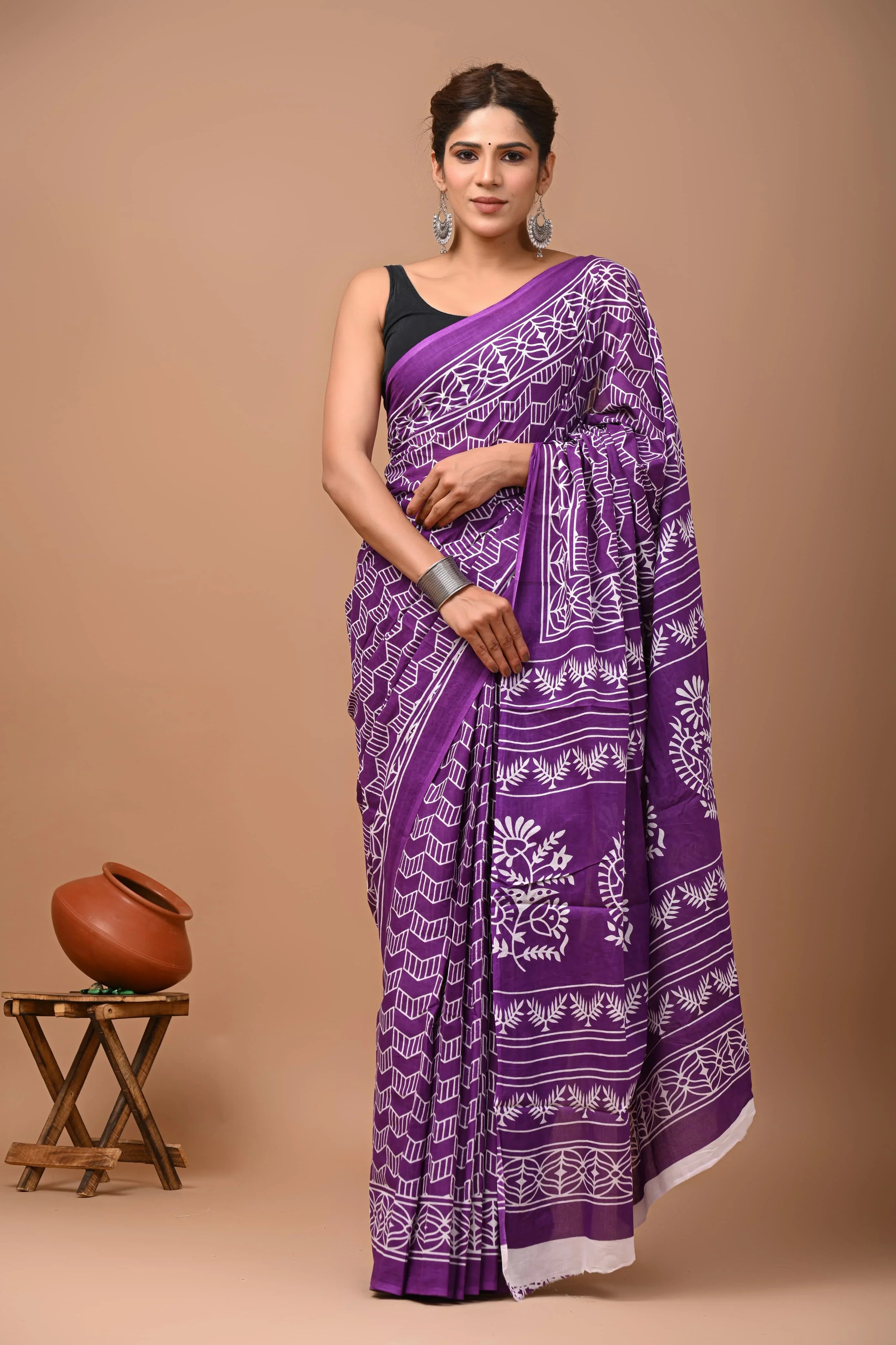 Bagru Hand Block Print Mulmul Cotton Sarees for Women