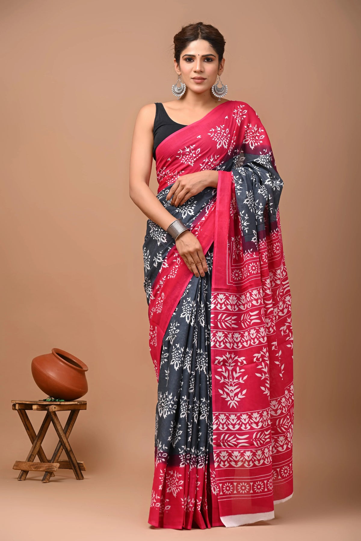 Bagru Hand Block Print Mulmul Cotton Sarees for Women